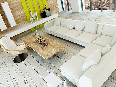 Open-concept living room with cream sectional sofa, light wood slat accent wall and neon green panels, designed by Tabinets near Lakeville, MA
